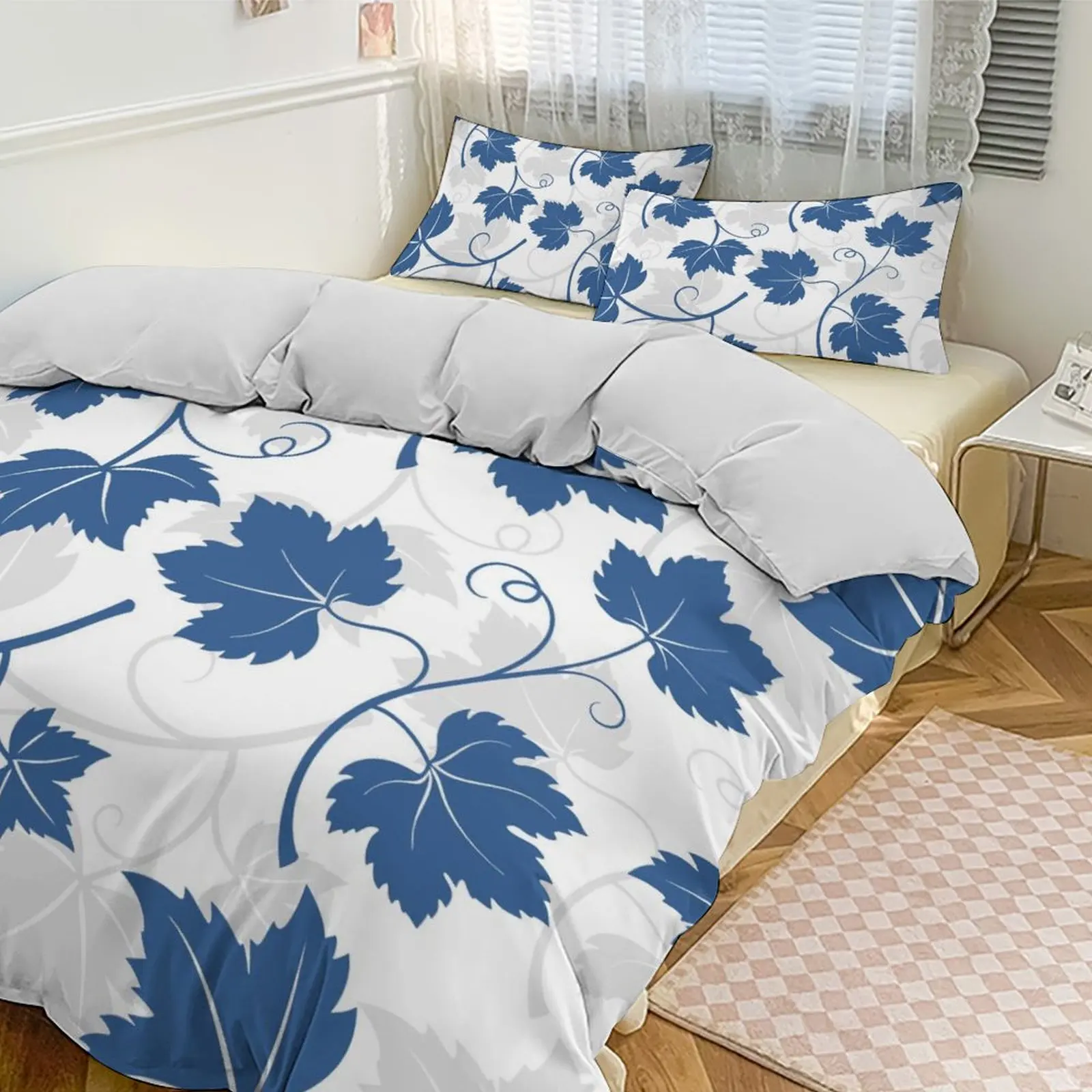 

Blue Leaf Vine Printed Bedding Set, Brushed Skin - Friendly Fabric, For Home/Hotel/Theme Room, Thickened & Warm, Ideal Gift