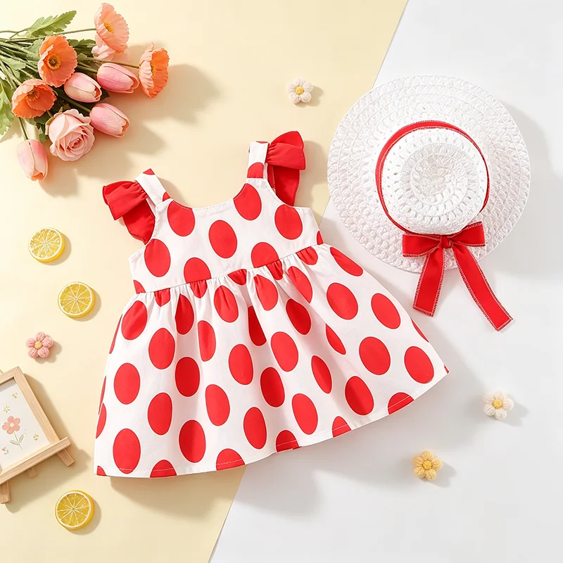 2Pcs/set Children Summer Sleeveless Dots Dress Baby Girls Soft Thin Lovely Casual Clothes 0-3 Y Toddlers Costume With A Hat