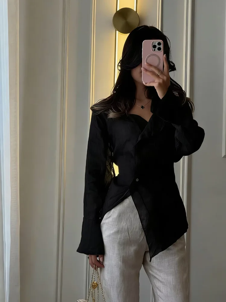 

Льняная рубашка из смесового хлопка, женская, модная, с V-образным вырезом, на одной пуговице, со шнуровкой, свободного кроя, весна 2026, для отпуска и повседневной носки