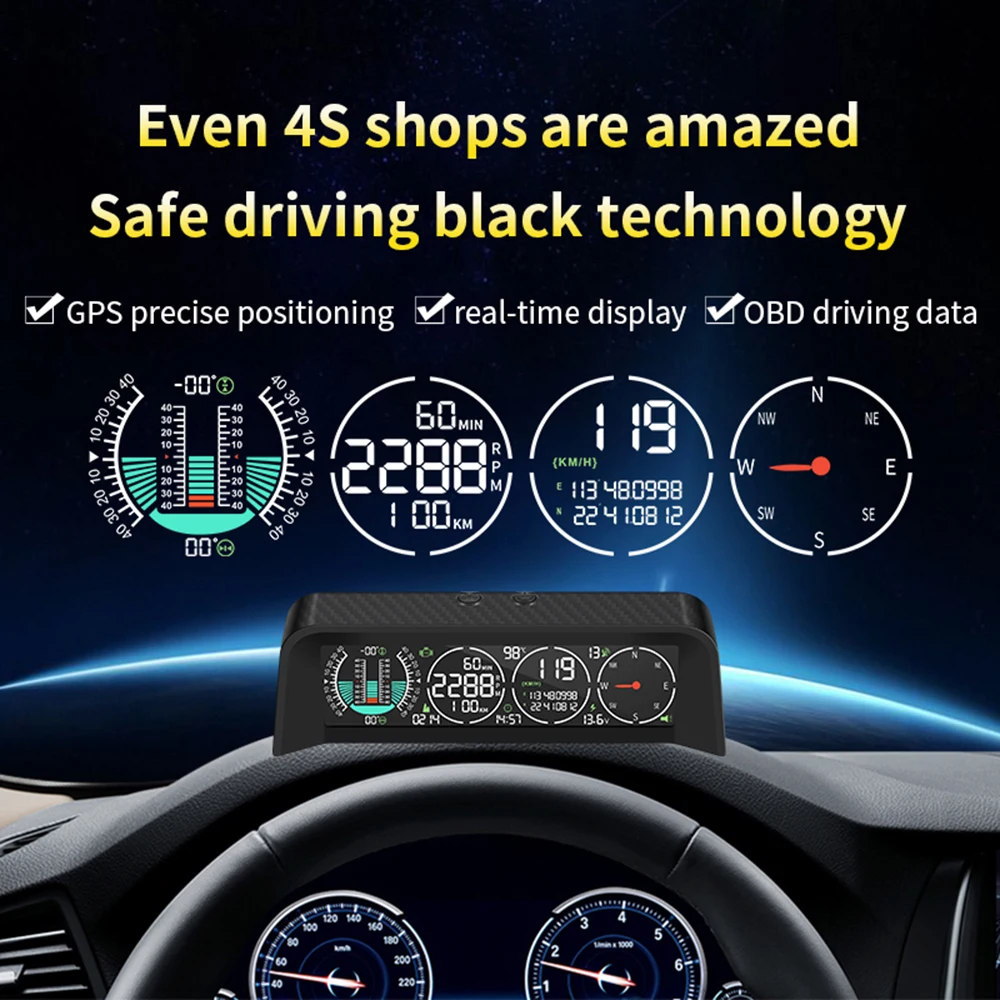 Car Head Up Display OBD+GPS Speedometer Tachometer Compass Voltage LCD Display Altitude Meter Off-road Intelligent Slope Meter