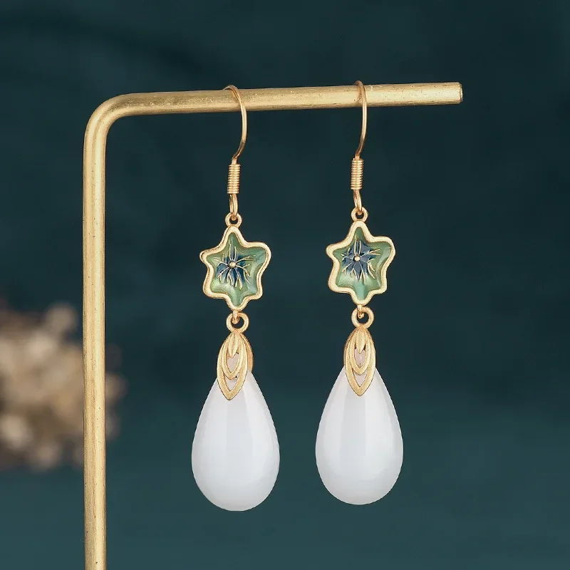 

White Jade Water Drop Earrings Natural Gifts 925 Silver Carved Stone Jewelry Charm Fashion Amulet Luxury Women Amulets