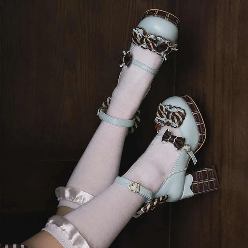 2025 new Sweet Girls Lolita High Heels Platform Shoes ,Young Women Students Cute Chocolate Candy Bowknots Ankle Strap Mary Janes