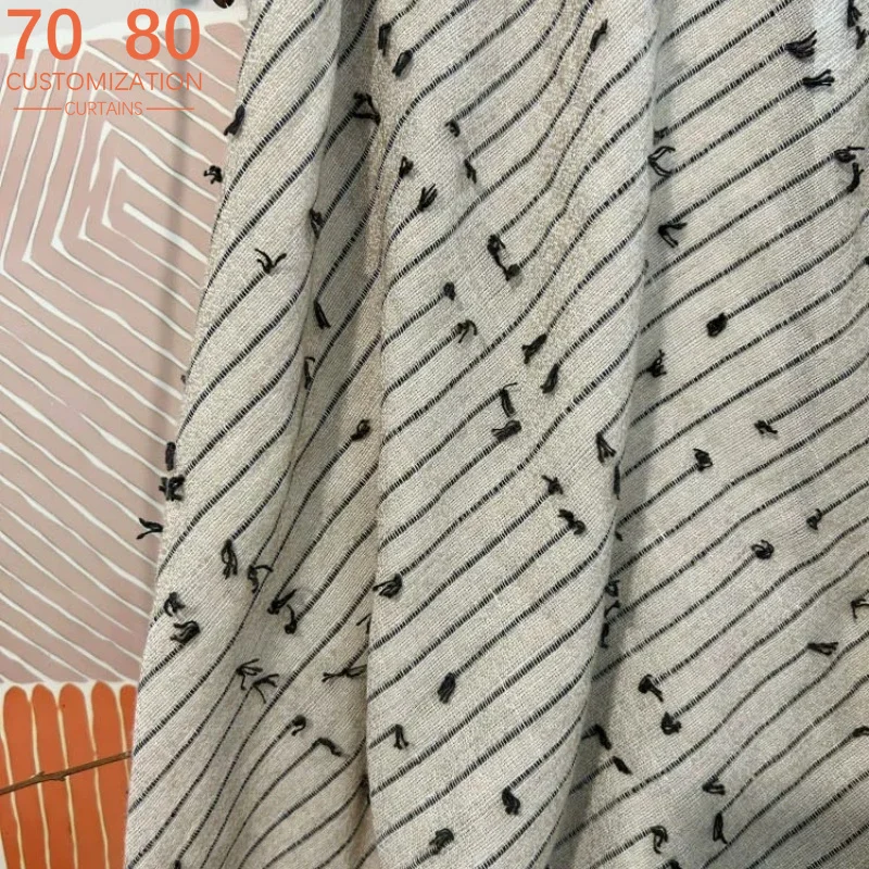 New Cotton and Linen Black Line Jacquard Thickened Window Screen Curtains for Living Room Bedroom Balcony Bay Window Customized