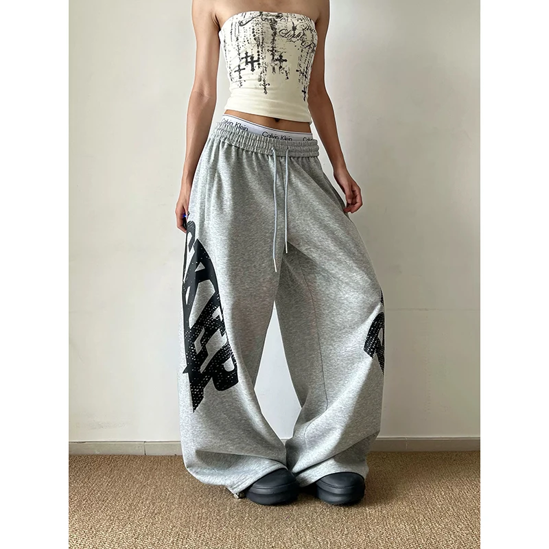 Women Baggy Wide Leg Sweatpants American Letter Print Pants Harajuku Japanese 2000s Style Vintage Y2k Casual Trouse