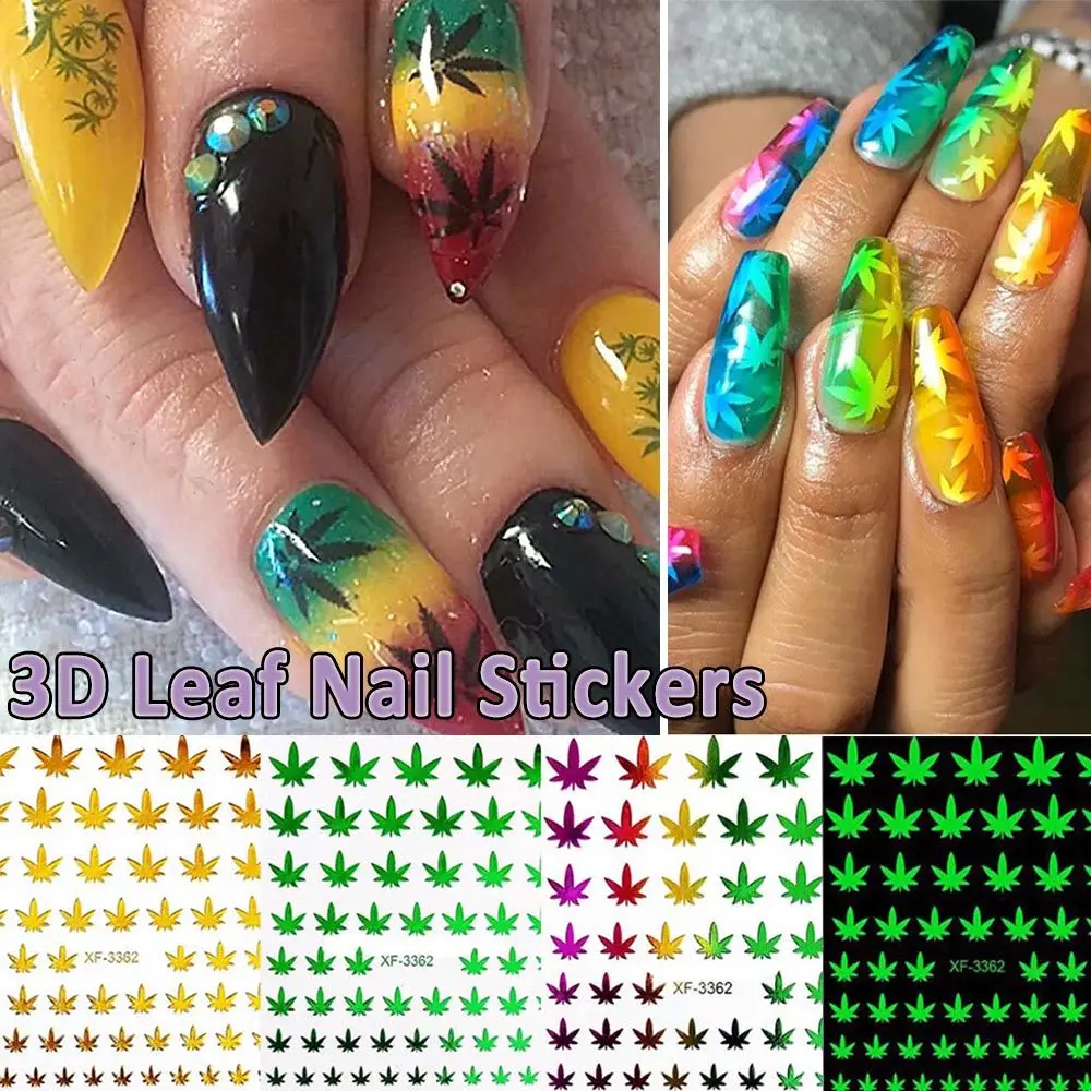 Colorful Nails Salon Neon Pot Leaves Self Adhesive Nail Stickers Nail Art Decoration Manicure Leaf Decals