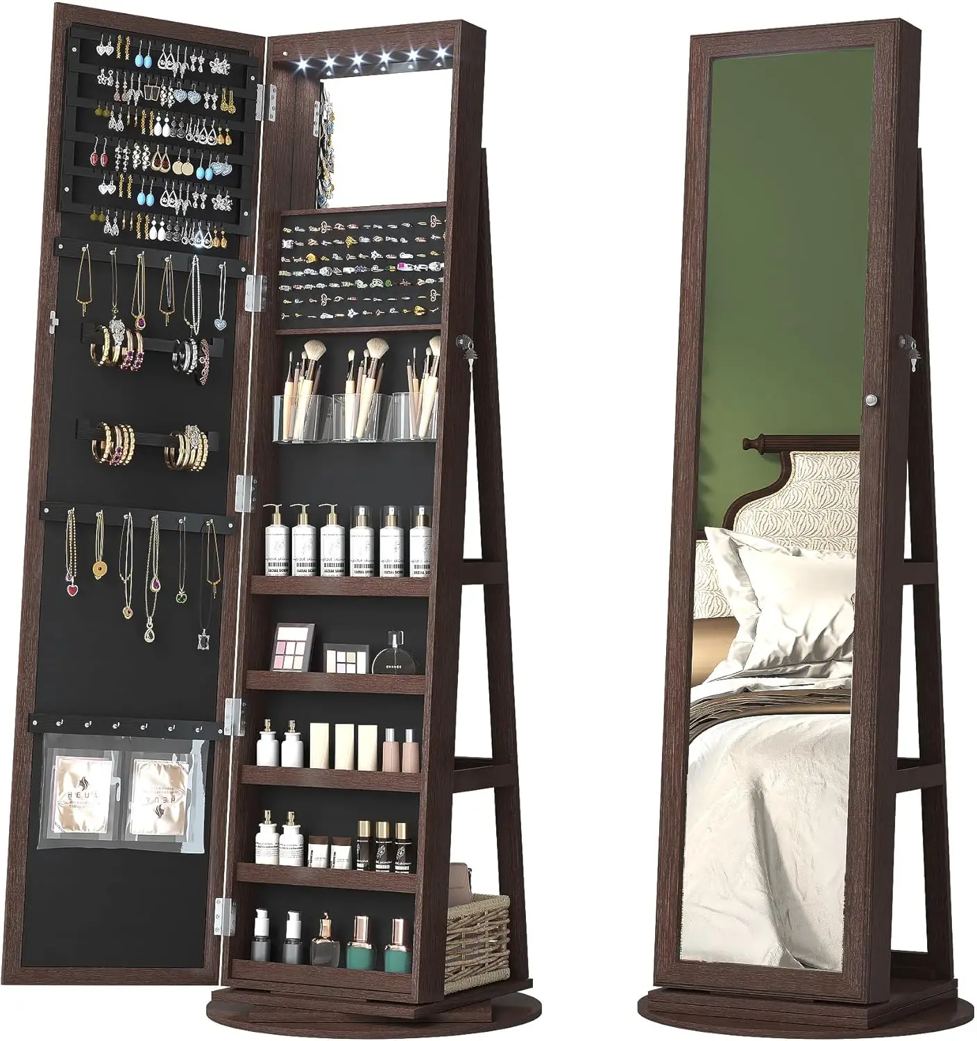 LED Mirror Jewelry Cabinet Standing, 360° Swivel Jewelry Organizers and Storage, Farmhouse Mirror with Jewelry Storage,