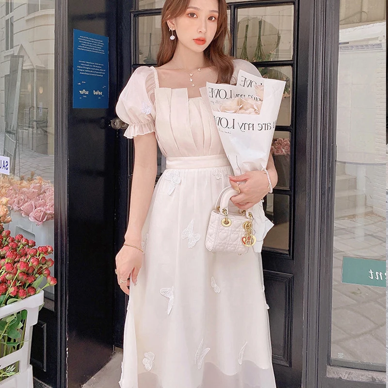 High Quality Luxury Design Runway Puff Sleeves Summer Dress 2022 Women's Square Collar Embroidery Butterfly Sweet Dress