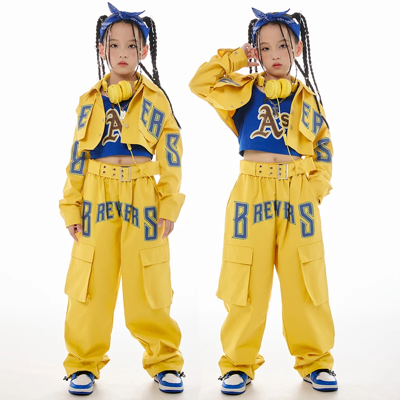 

Children Hip Hop Dance Costumes For Kids Yellow Short Coat Hiphop Pants Suit Girls Jazz Dancing Performance Rave Clothes DN16491