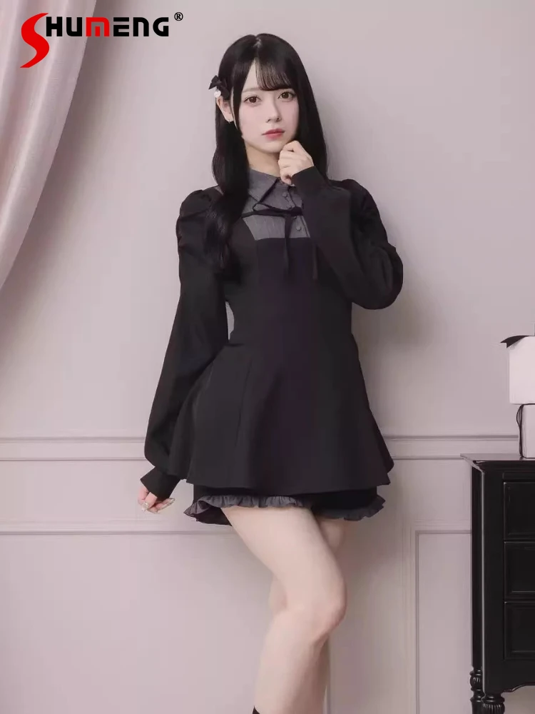 

Japanese Sweet Elegant Preppy Style Polo Collar Lace-up Bow Long Sleeve High Waist Slim A-line Short Dress for Women Spring 2026