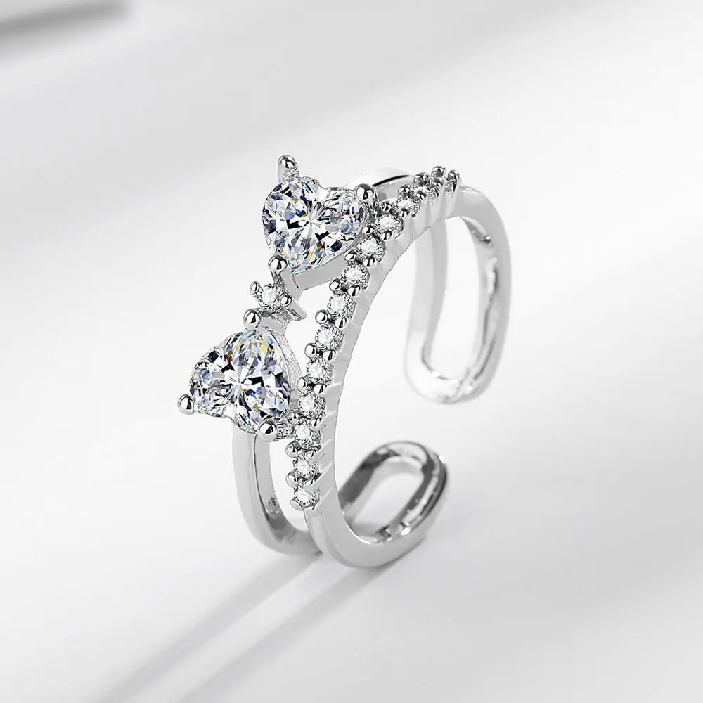 

Открытое кольцо с двойным сердцем из кубического циркония для женщин, регулируемое кольцо из серебра 925 пробы, элегантное украшение для свадьбы или вечеринки, подарок
