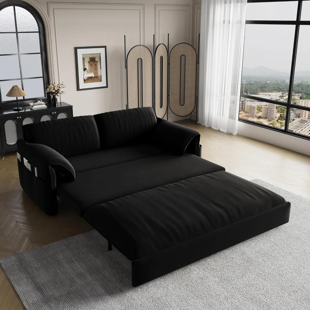 

62" Queen Pull Out Futon Sofa Bed with USB Ports, 3-in-1 Modern Convertible Sleeper with Side Pocket