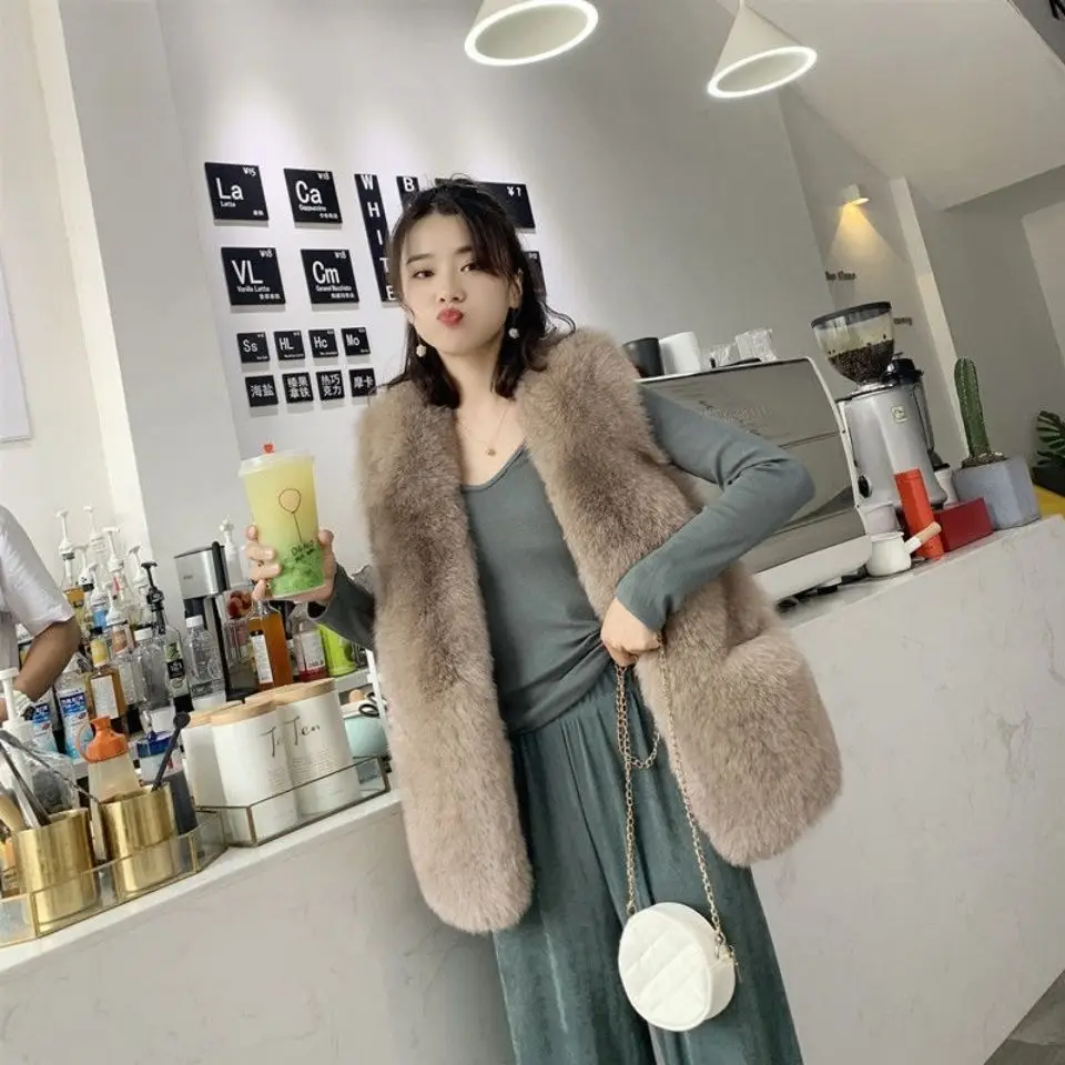 2024 New Season Women's Spring and Autumn Long Imitation Fox Hair Vest Warm  Sleeveless Jacket Young Casual Coat R22