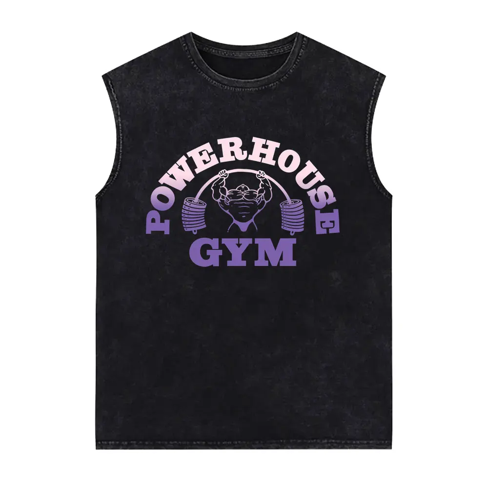 Powerhouse Gym Logo Doppelseitig Bedruckte Vintage-Washed Tanktops T-Shirts für Männer und Frauen Lässige Oversized Geek Fitness Westen T-Shirts – Detail 3