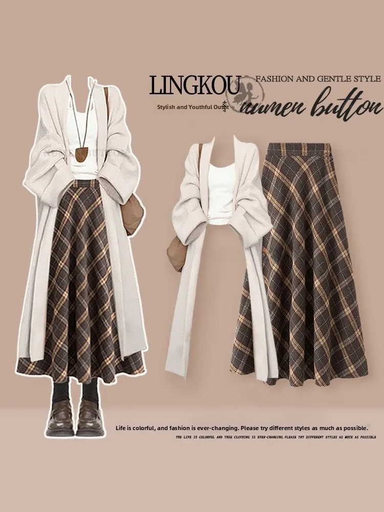 

Casual Knitted Three-Piece Set for Women Autumn Leisure Soft Style Luxury Knit Coat Strap with Plaid Skirt High Waist