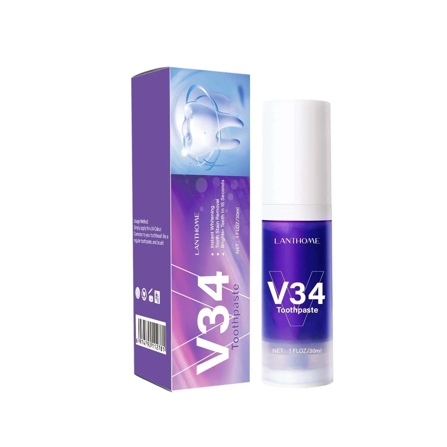V34 Paarse Tandenbleekmousse & - Teeth Whitening Mousse recensie en prijs