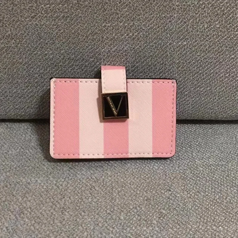 Girls Pink Striped Coin Purse Card Bag Women\'s Keychain Multi-card Document Bag