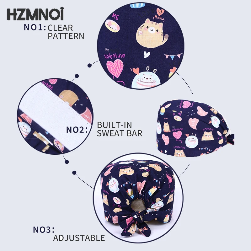 New Product Cartoon Printed Nurse Surgical Cap Pet Hospital Surgeon  Dentist  Beauty Salon Chef Dustproof Scrub