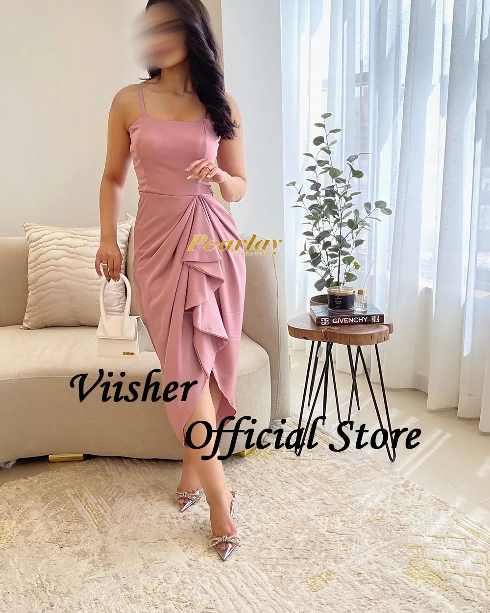 Viisher Saudi Arabic Mermaid Formal Evening Dresses for Women Ruched Satin Dubai Prom Party Dress Outfits Tea Length