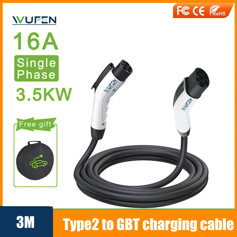 

WUFEN EVSE Type2 to GBT EV Charging Cable 1Phase 16A 3.5KW 3M Electric Vehicle Type 2 Cord GB/T for Charger Station For GBT car