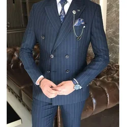 High Quality Suits for Men Blazer Navy Blue Peak Lapel Luxury Outfits Formal 2 Pcs Jacket Pants Set Costume Homme Evening Blazer