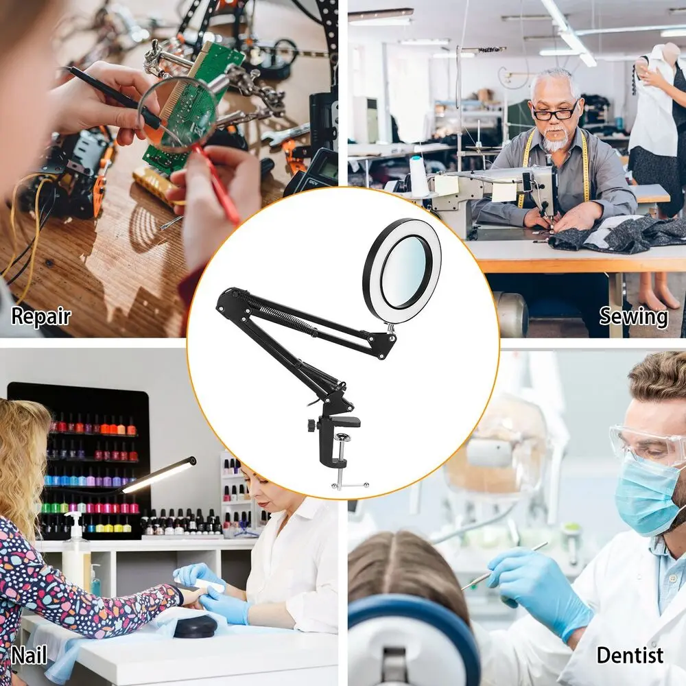 Magnifying Glass Desk Light Magnifier LED Lamp Reading Lamp With Base& Clamp 10X