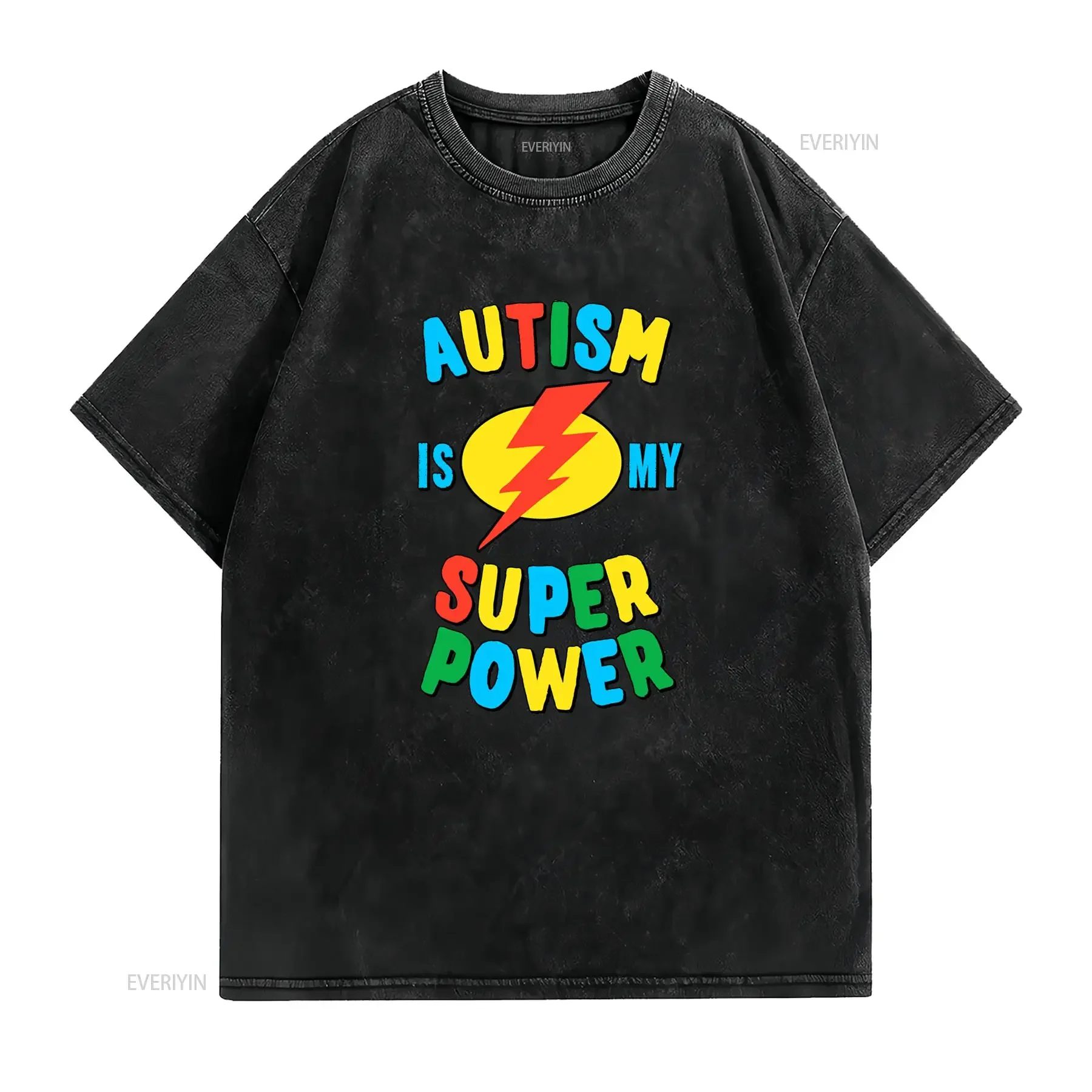Casual Colorful Autism Awareness Super Power Lightning Print T Shirt vintage Washed Versatile Comfortable Stylish Stretched
