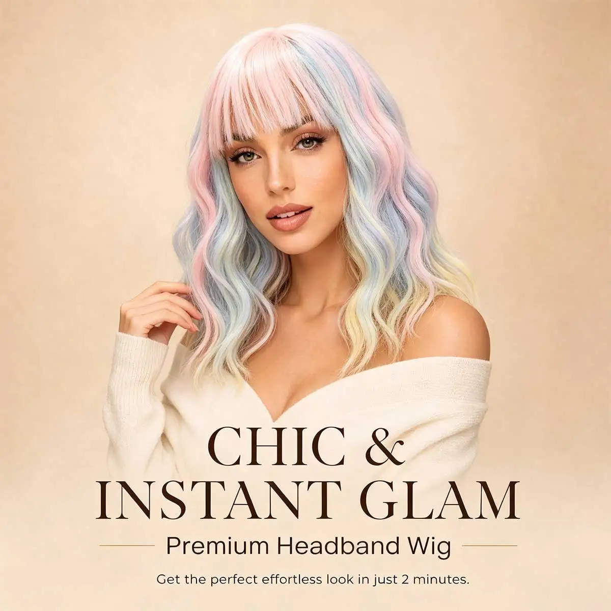 Pastel Multicolor Ombre Medium Wavy Wig, Synthetic Colorful Wig for African American Women Festival Street Style Daily Wear