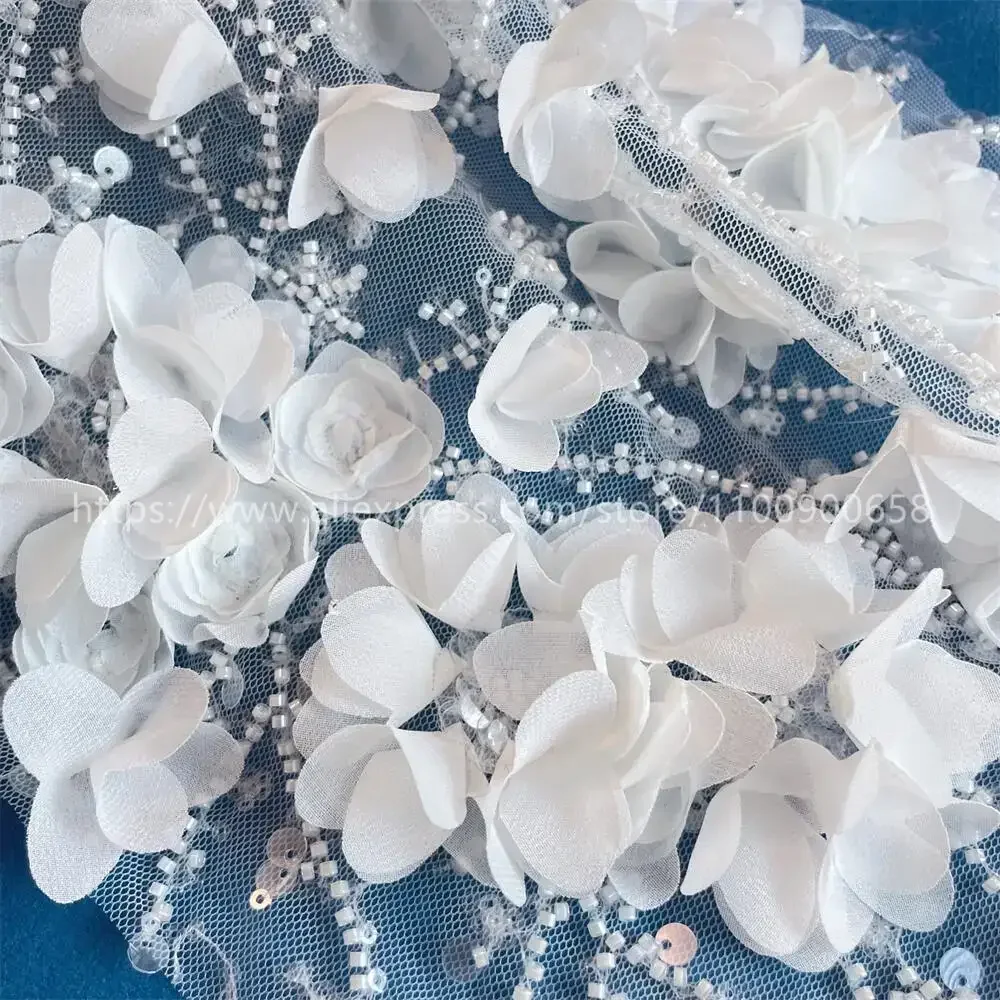 3D Beaded Embroidery Lace Fabric, Laser Chiffon Flowers Applique, Sewing Fabric for Wedding Dresses, Off White, High Quality