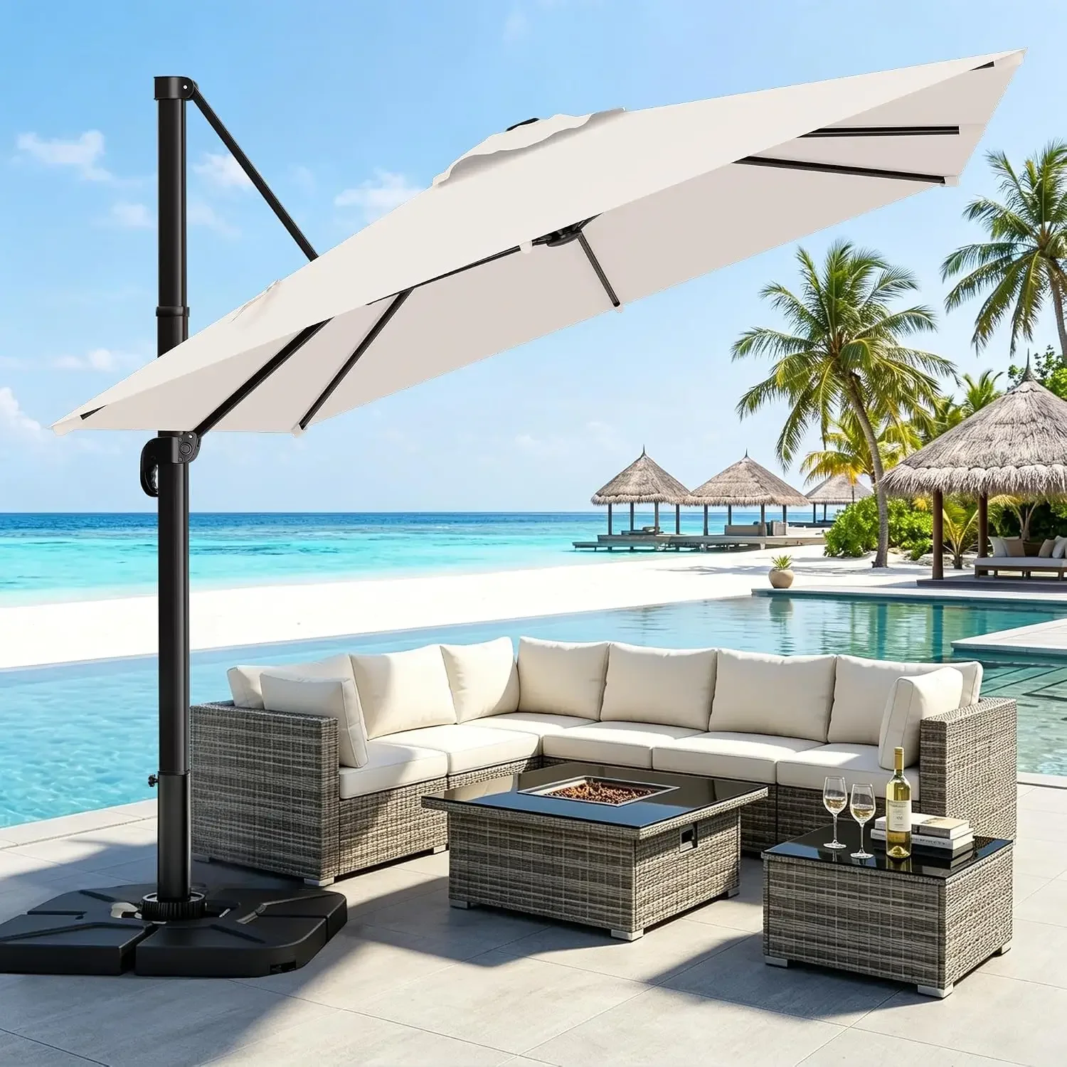 9 X 12 FT Cantilever Umbrella w/ 360-Degree Rotation, Ivory | 5 Tilts Adjustable Rectangular Offset Patio Umbrellas with Crank,