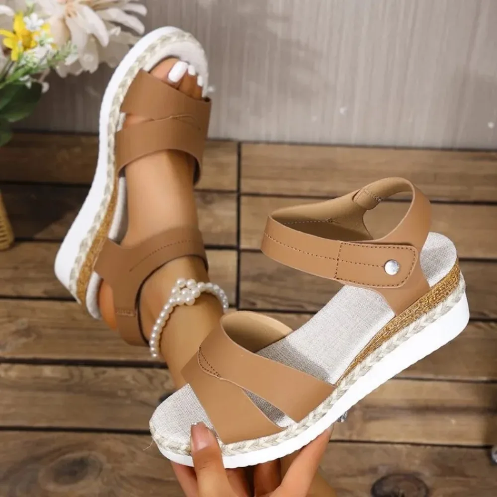 Summer Solid Color Round Toe Leak Toe Thick Soled Wedge Sandals for Women, Comfortable and Stylish  Women's Shoesplus Size 36-43 - view 4