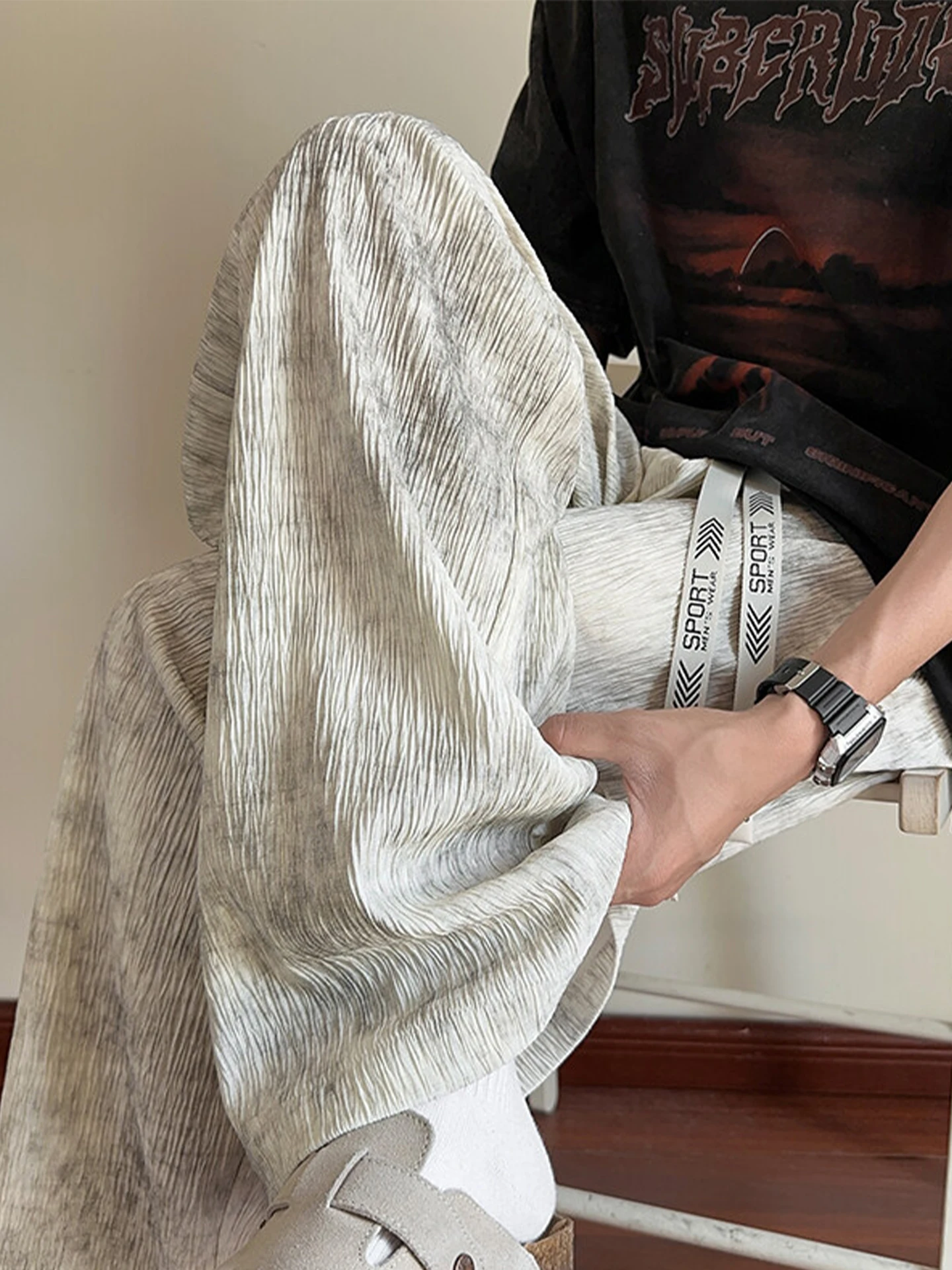 

Плиссированные повседневные брюки из ледяного шелка с принтом тай-дай, мужские летние тонкие модные свободные прямые длинные брюки с драпировкой для мужчин