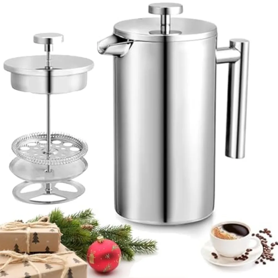 

French Press Double Insulated 304 Stainless Steel Coffee Press Stainless Steel Coffee Maker Sliver