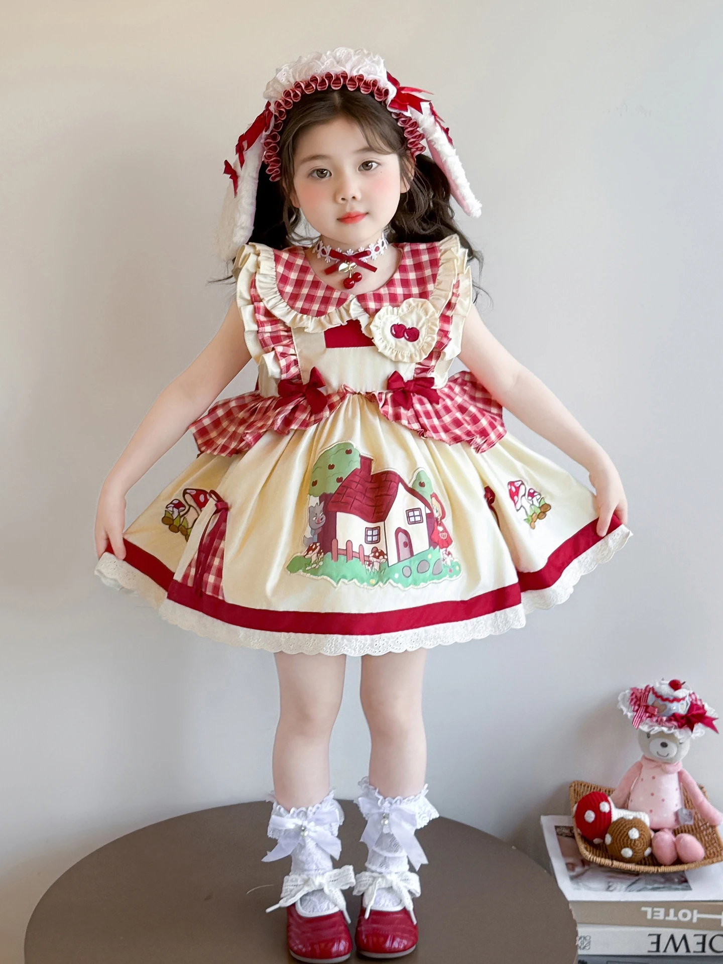 Vestido Estilo Lolita com Saia Xadrez para Meninas, Tema de Aniversário, Vestido de Princesa com Laço de Borboleta, Roupas In...