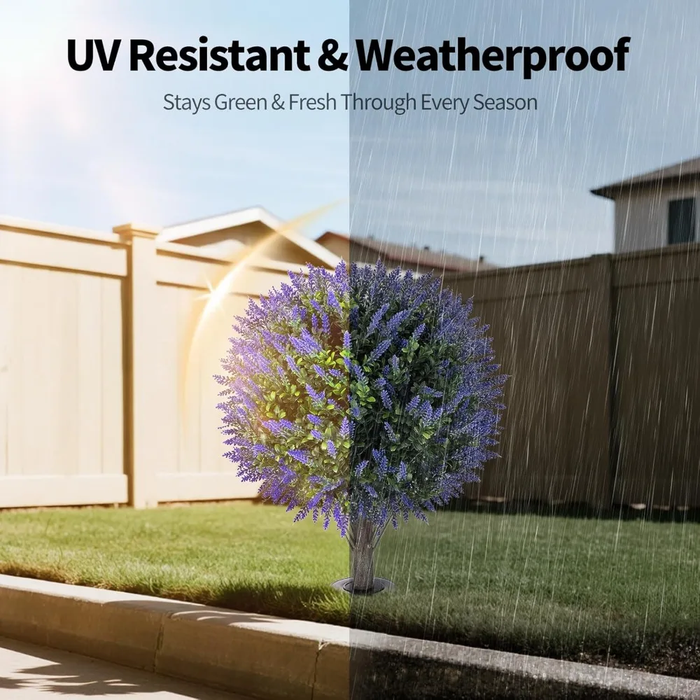 أشجار توبياري من خشب البقس اللافندر الاصطناعي - زوج من 26 شجيرات صناعية دائمة الخضرة مقاومة للأشعة فوق البنفسجية مع مسامير أرضية للديكور الخارجي