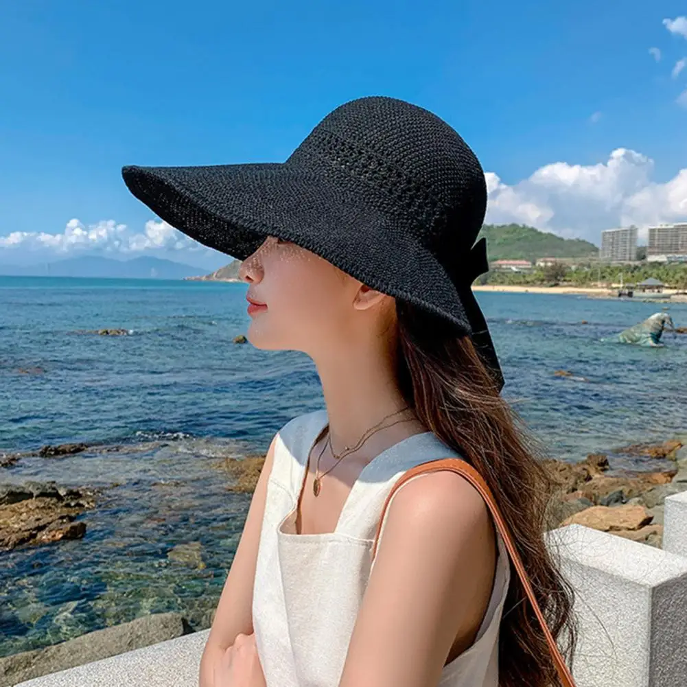 

Women Sun Visor Hat with Bow Decor Wide Brim Empty Top Design Adjustable Floppy Hat Outdoor UV Protection Foldable Hat
