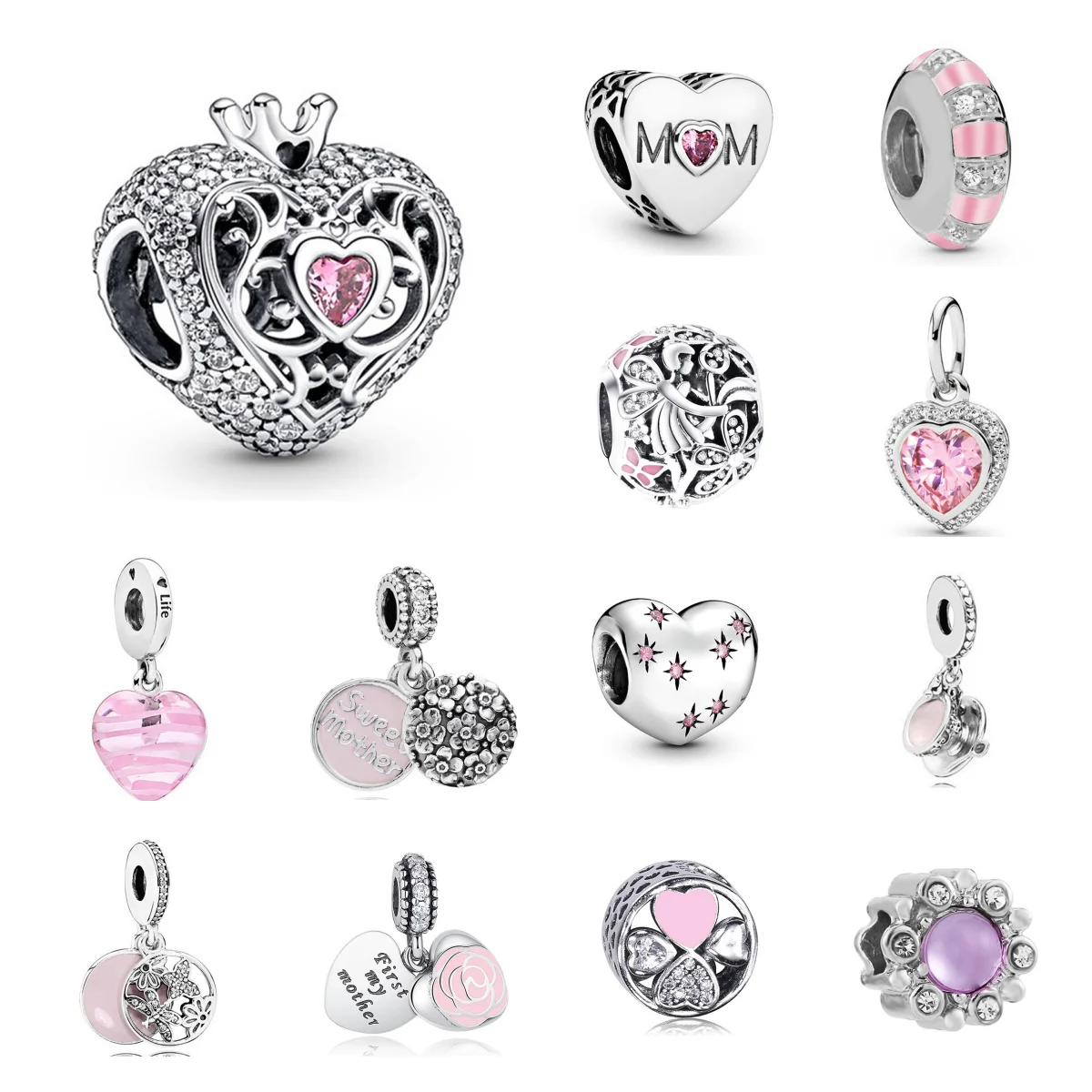 

2024 New Silver Plated Pink Heart Pendants Diamond Charm Beads For Fashion DIY Bracelet Necklace Jewelry Accessories Gifts