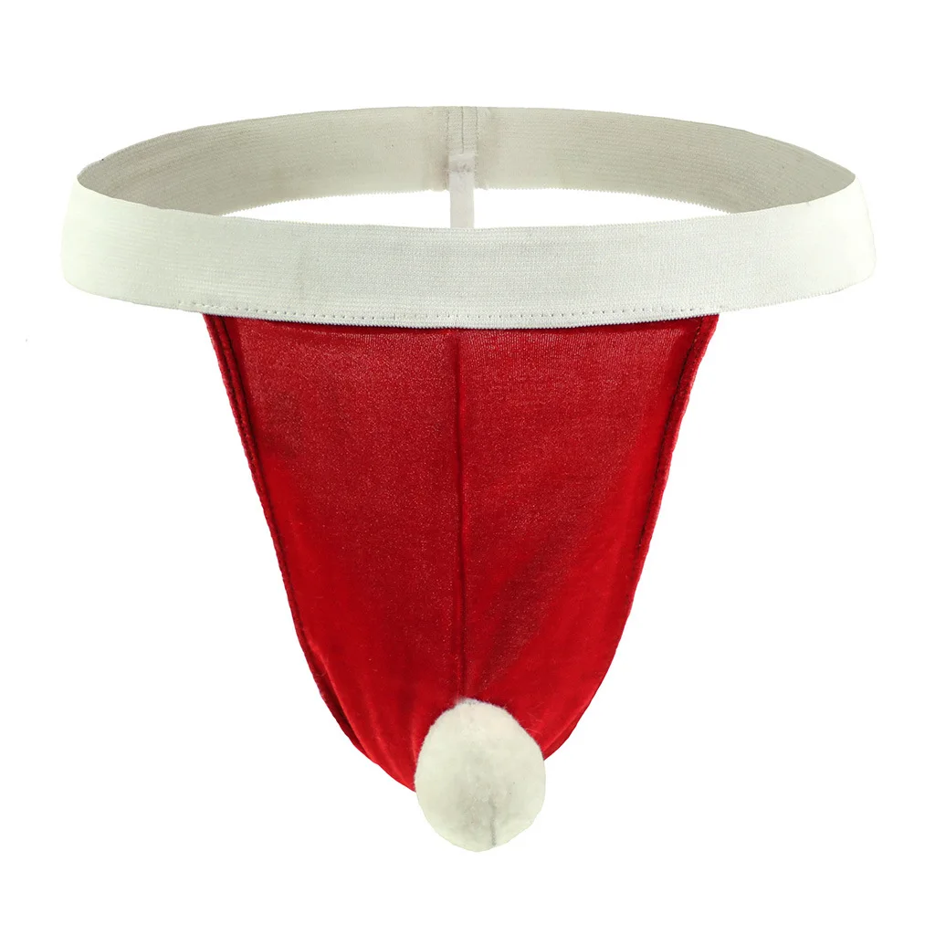 Men's Christmas Santa Hat Thong, Festive Velvet Pom-Pom T-Back Underwear