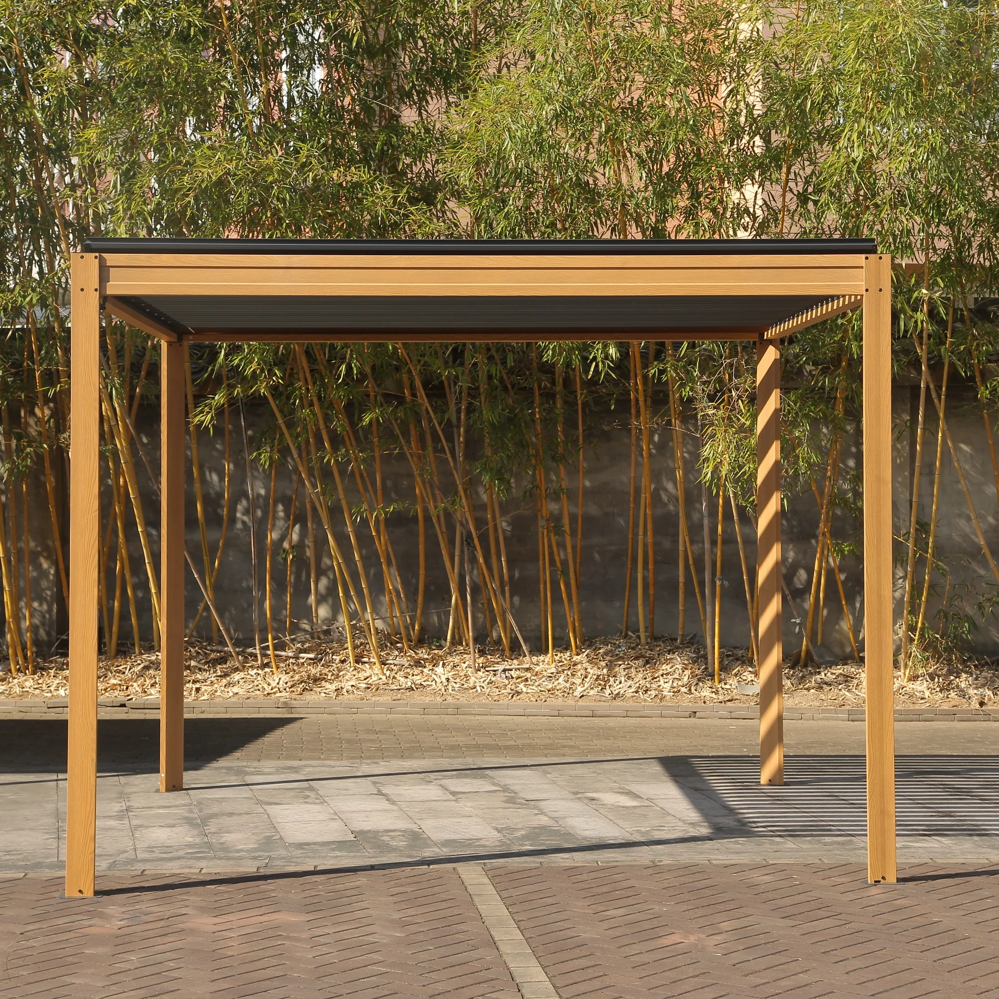 ！@！@Wood Grain Adjustable Aluminum Frame Pergola with Steel Roof Louvered Outdoor Rainproof Canopy for Garden Lawn