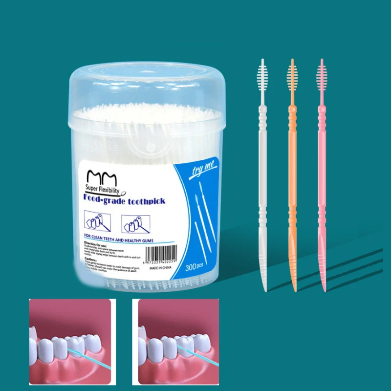 300pcs Plastic Double-head Interdental Brush Dental Floss Stick Mouth Hygiene Plastic Toothpicks Toothbrush Teeth Cleaning Brush