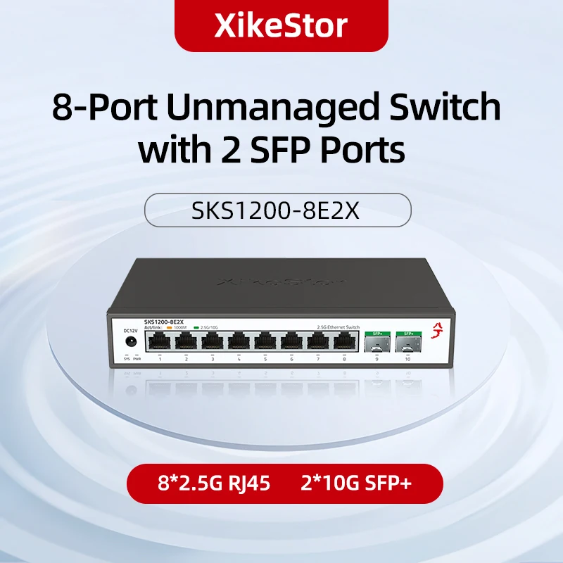 XikeStor 10 Ports Plug & Play Ethernet Switch Unmanaged with 8*2.5G RJ45 Port and  2*10G SFP+
