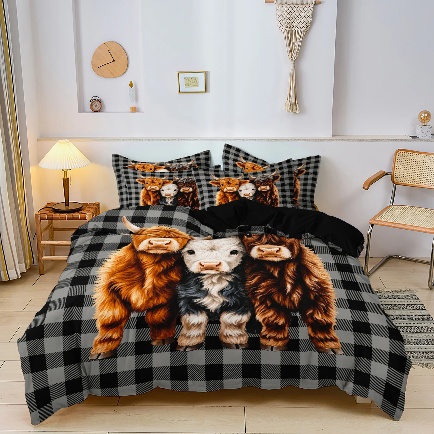 3Pcs Cute Highland Cow Duvet Cover Set, Black Grey Buffalo Fluffy Scottish Highland Cattle Rustic Farmhouse Animal‑Theme Bedding