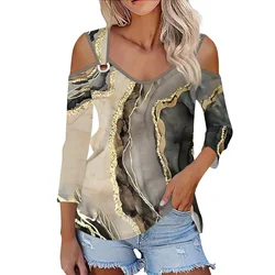 2024 Autumn Three Quarter Sleeve T-shirt Women Casual Hollow Out Tshirt Women's Print Tops Sexy Off Shoulder T Shirt Top Femme