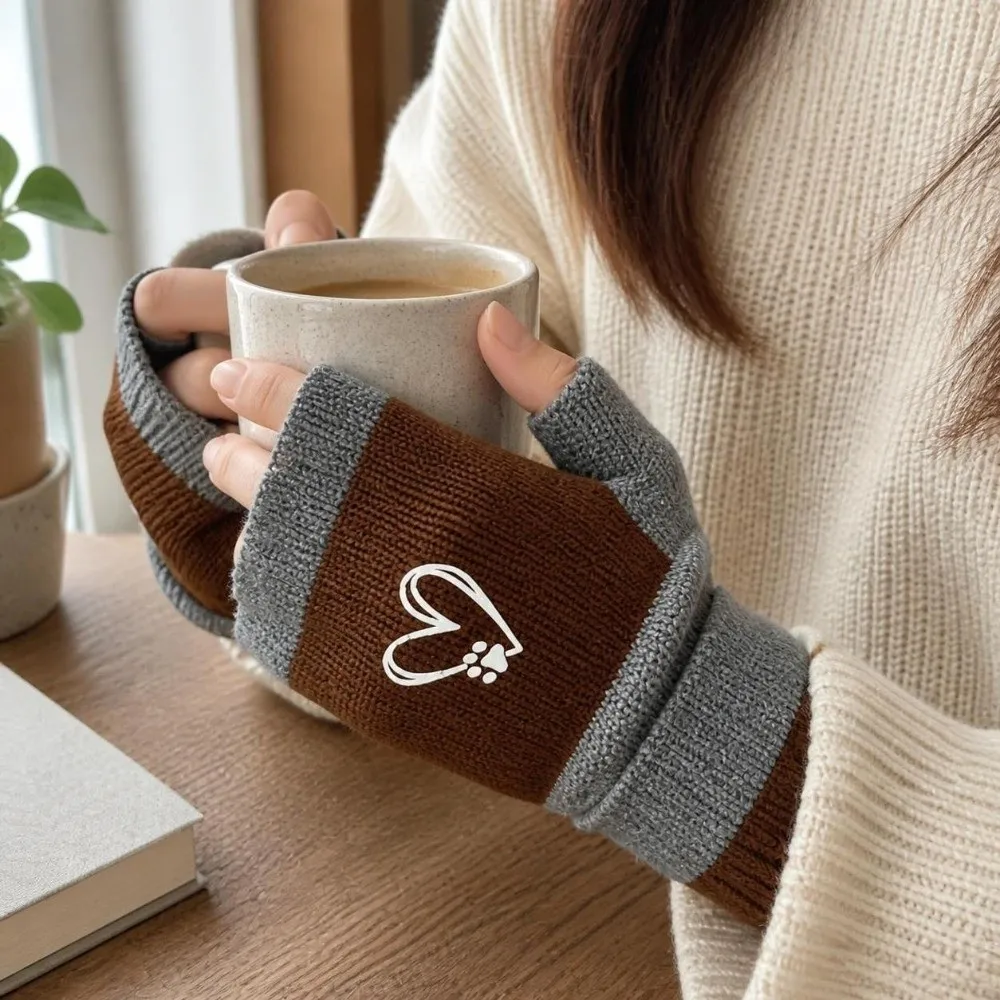 Elastic Cuffs Fingerless Gloves Trendy Heart Printed Gloves Sleeve Covers Paw Print Thickened Knitted Decorative Gloves Office