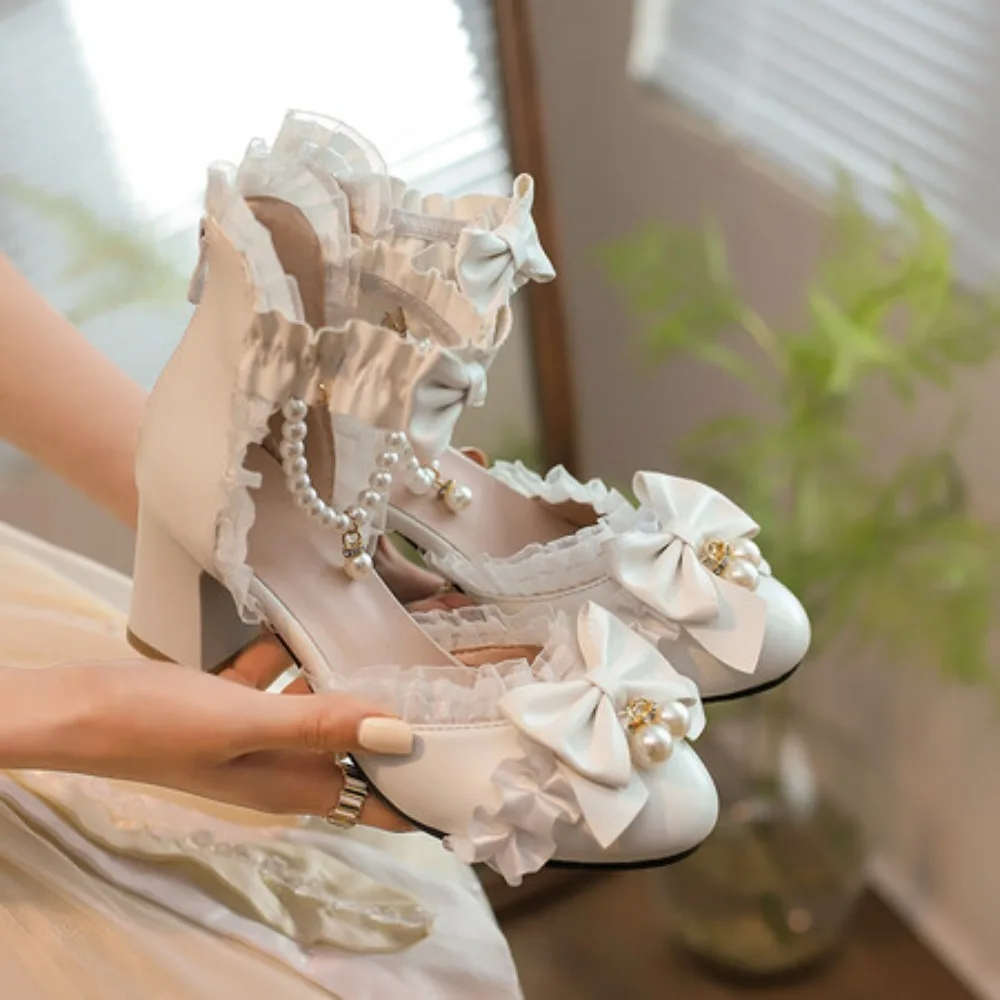 

Classic Bow Lolita Shoes Sweet Lace Back Zipper Ankle Strap Spike Heel Pumps Female Cosplay Party Ruffles Princess High Heels