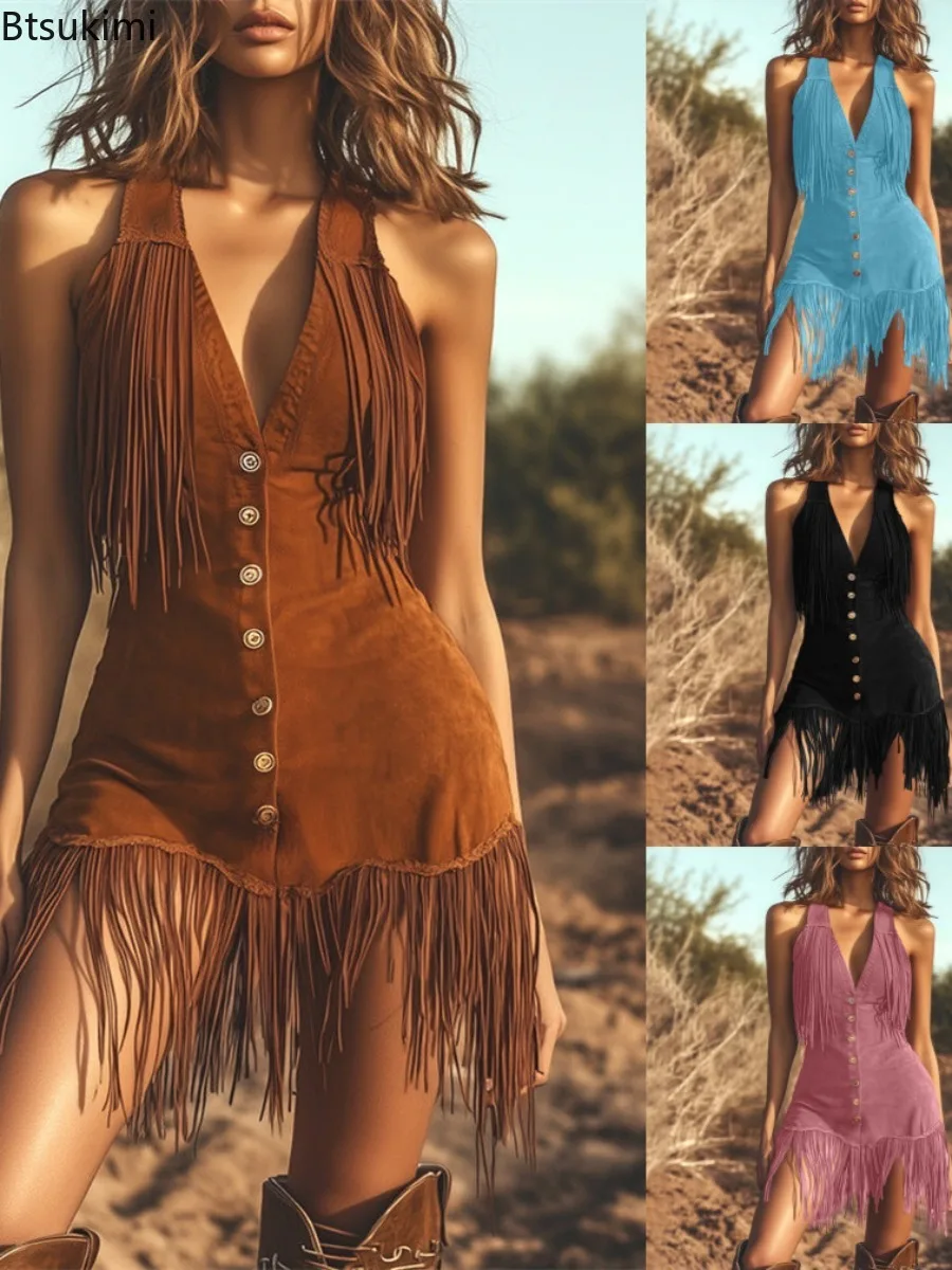 New Women's Sexy Slim Party Mini Dress Seductive Deep V Vest Dress Vintage Style Suede Suspender Strap Tassel Hem Bodycon Dress