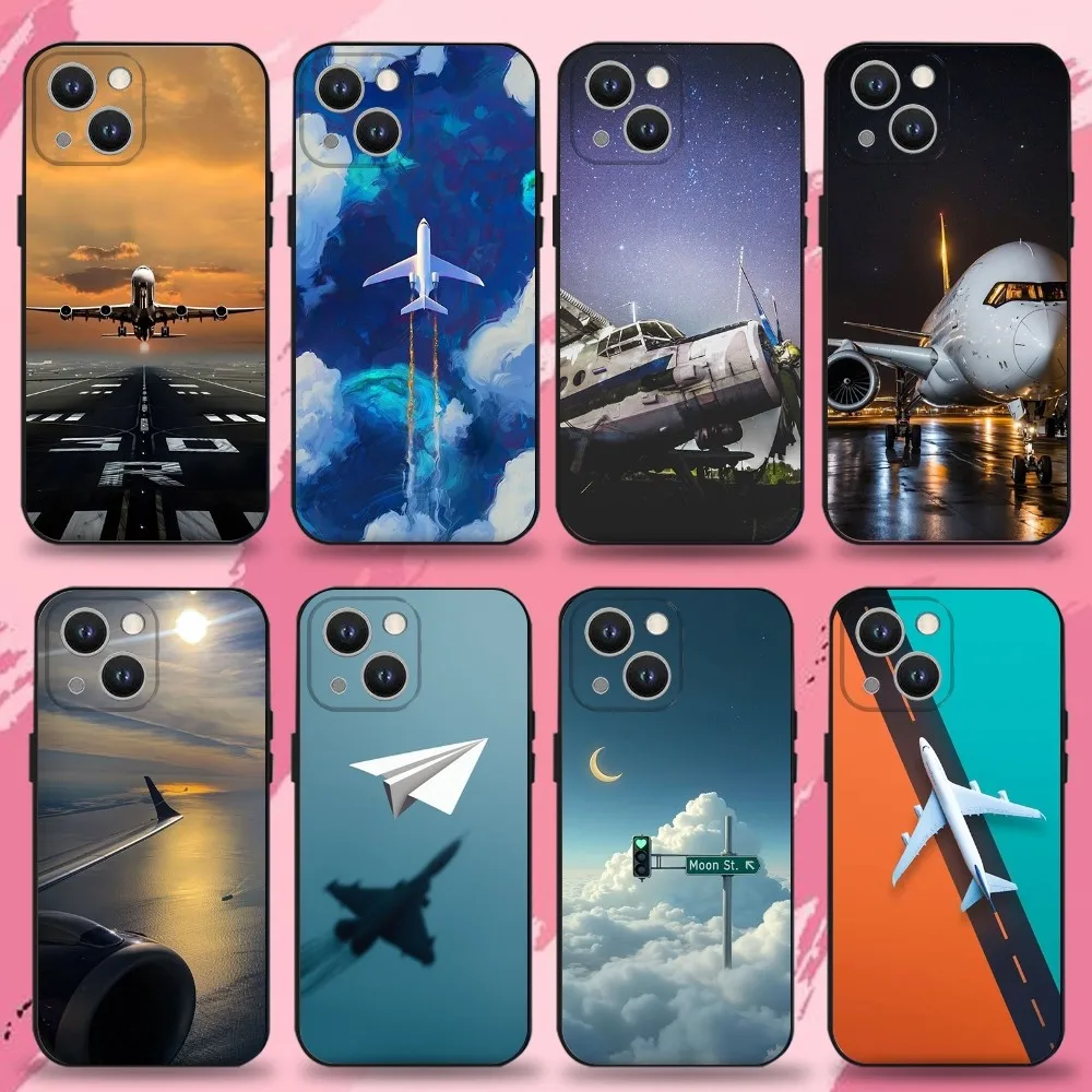 

Plane fly travel Phone Case For iPhone 16,15,14,13,12,11 Plus,Pro Max,XS,X,XR,SE,Mini,8,7,Soft Silicone Black Cover