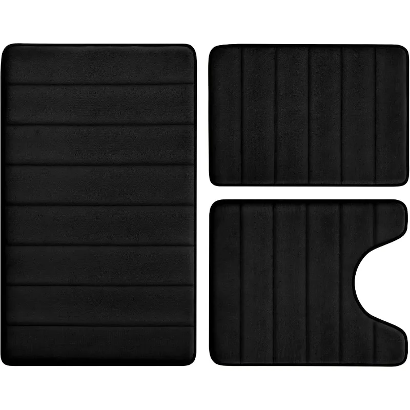 

Black Memory Foam Bathroom Rug Set 3count, Non Slip Extra Soft Absorbent Washable & Dry Toilet Bath Mat Sets