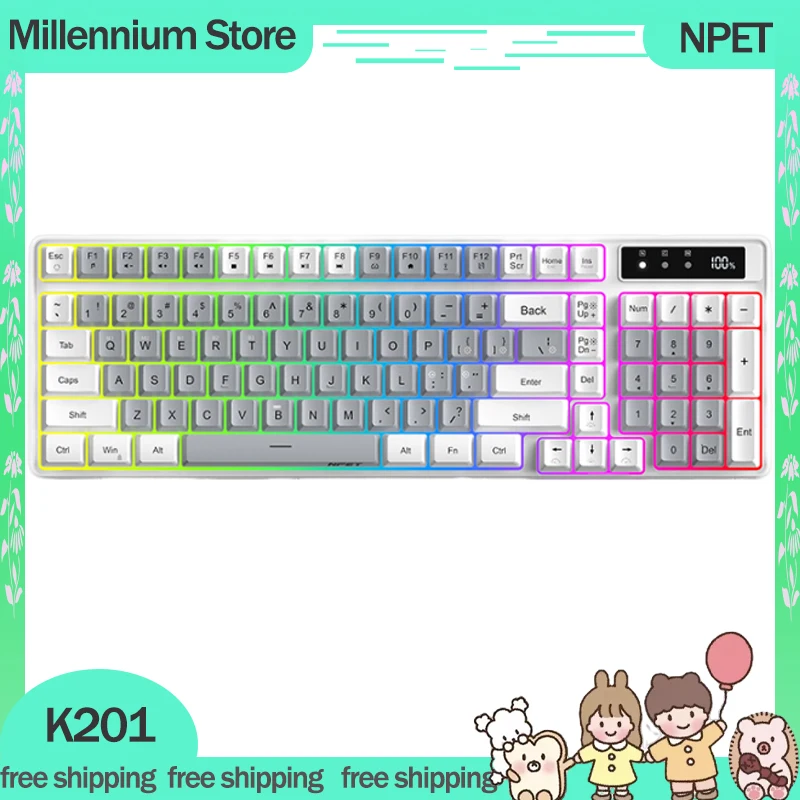 

NPET K201 Membrane Keyboard 3mode USB/2.4g/Bluetooth Wireless Keyboards 100 Keys ABS Keycaps RGB Blacklit Gaming Keyboard Gift