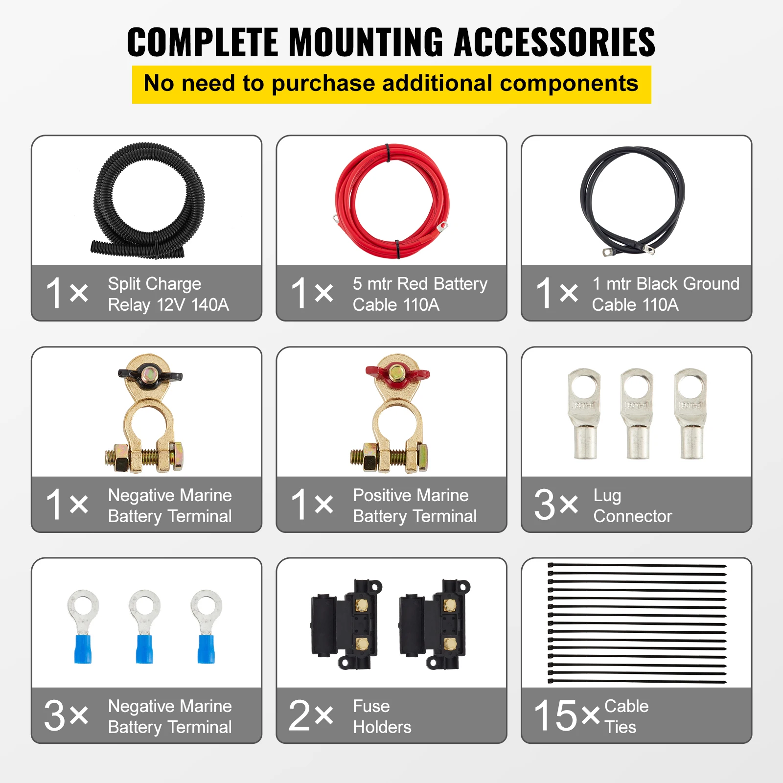 SucceBuy Split Laadrelais Kit Spanningsdetectierelais Professioneel 12V 140AMP 2/4/5/6 mtr Batterijkabel voor ATV's UTV's Campers Camping