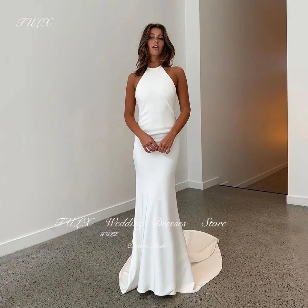 

TULX Simple Mermaid Wedding Dresses Halter Boho Wedding Bride Gown Sexy Backless Soft Satin Long Bridal Dress Robe De Mariee